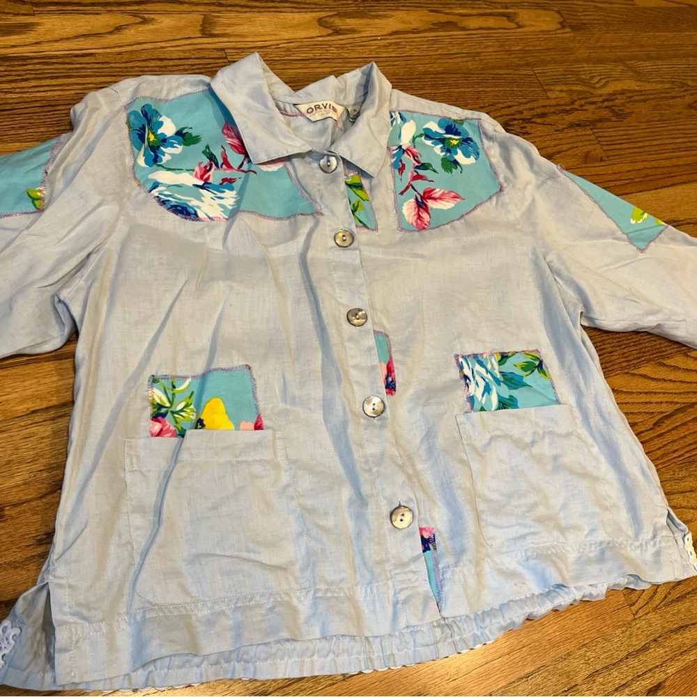 VTG ORVIS Embroidered Patchwork Linen Shirt XL Cottagecore Coastal Grandma Top